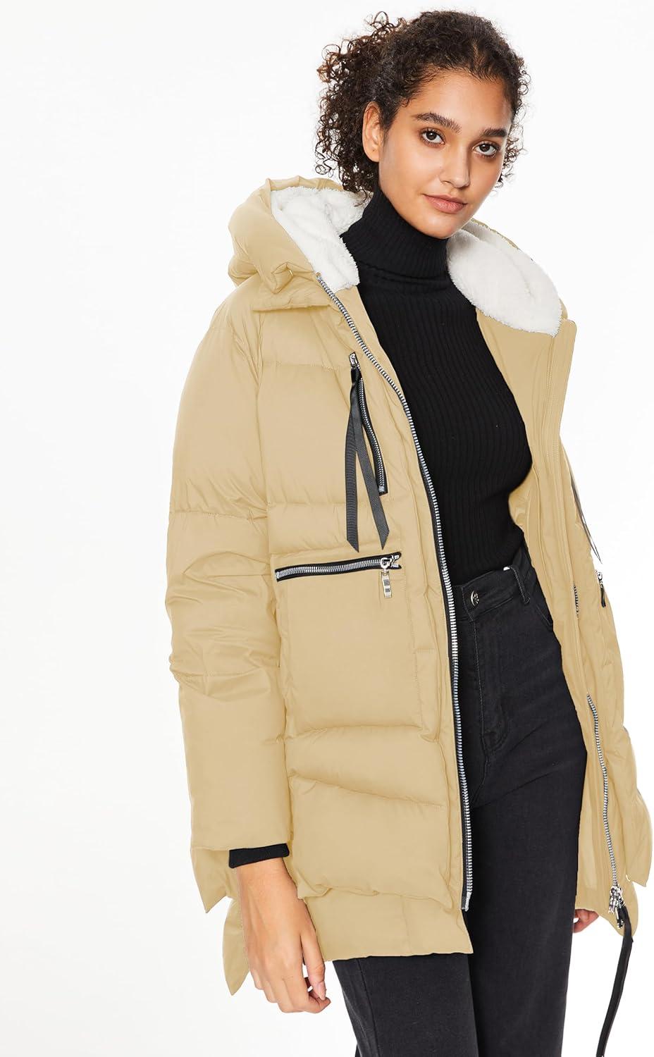 imageOrolay Womens Winter Puffer Jacket Fleece Lined Hooded Down Coat Casual Overcoat with PocketsKhaki