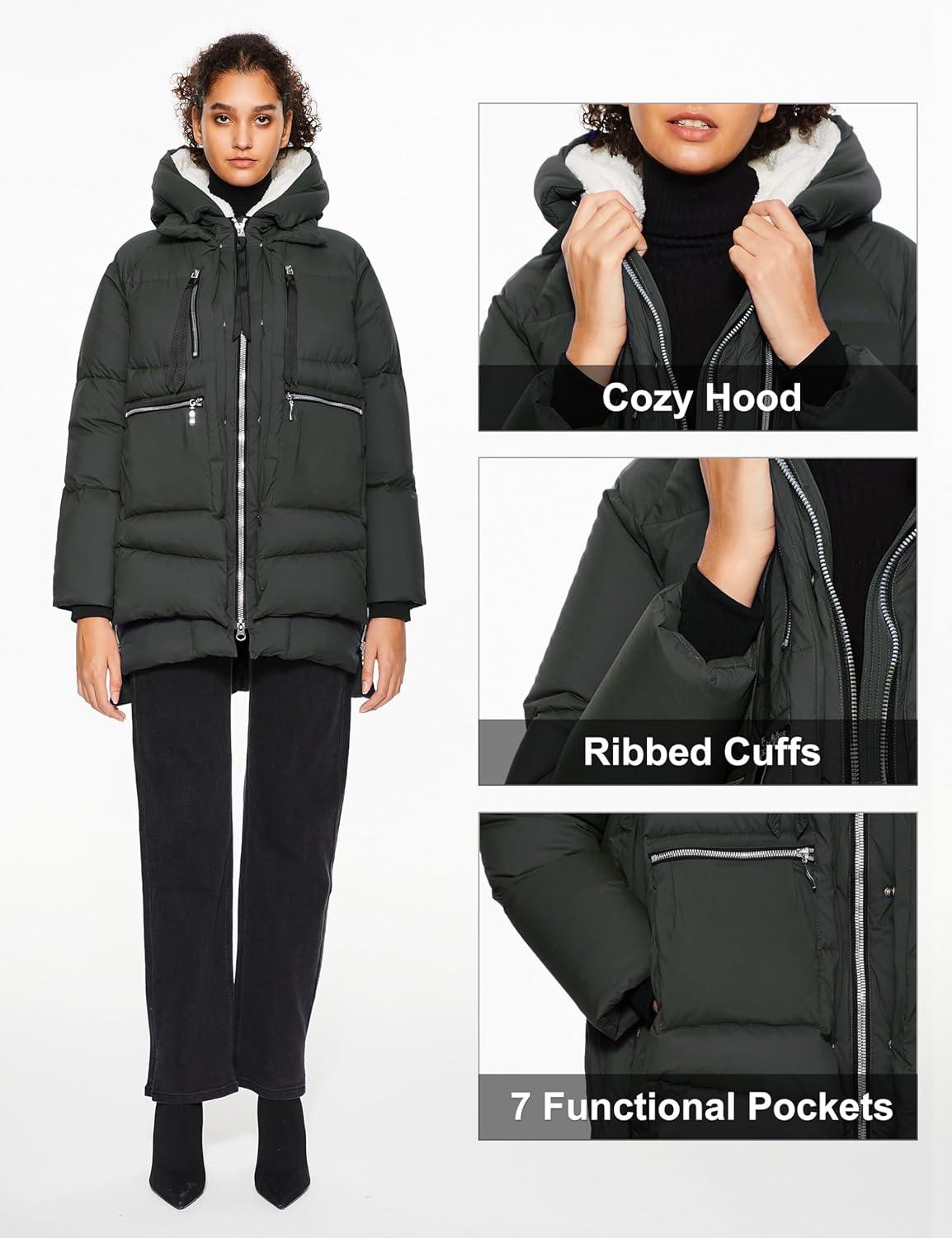 imageOrolay Womens Winter Puffer Jacket Fleece Lined Hooded Down Coat Casual Overcoat with PocketsKhaki