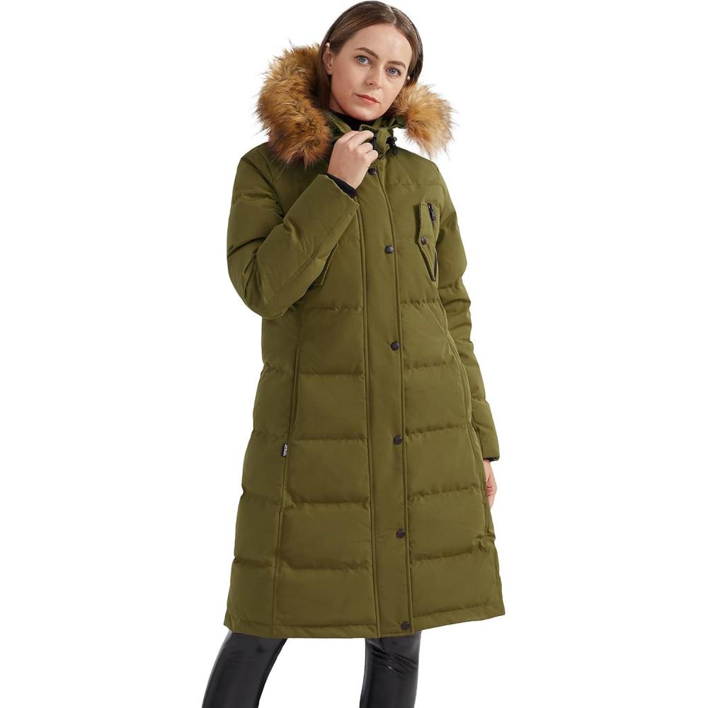 imageOrolay Womens Down Jacket Winter Long Coat Windproof Puffer Jacket with Fur HoodGreen