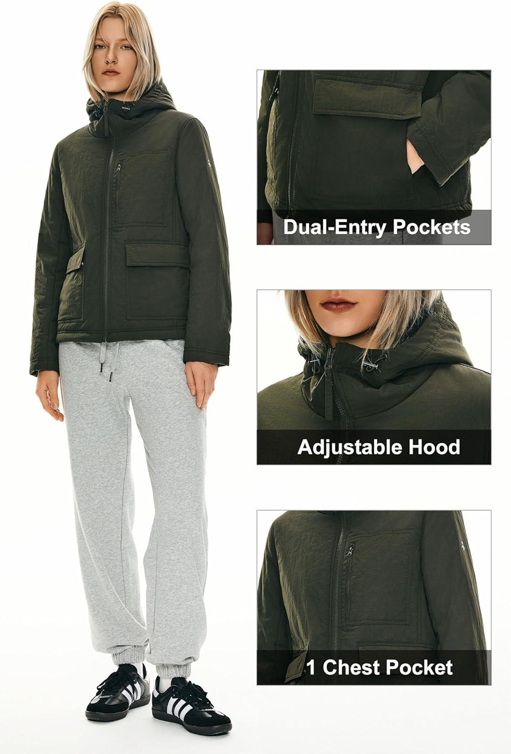 imageOrolay Womens Insulated Hooded Jacket Long Sleeve Zip Up Winter Puffer Coat Warm Lightweight Outerwear with PocketsBlack