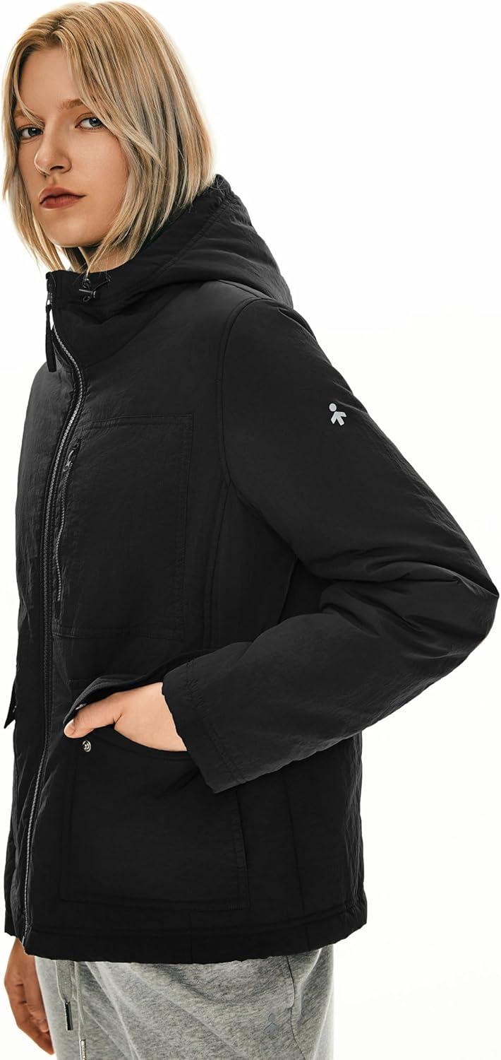imageOrolay Womens Insulated Hooded Jacket Long Sleeve Zip Up Winter Puffer Coat Warm Lightweight Outerwear with PocketsBlack