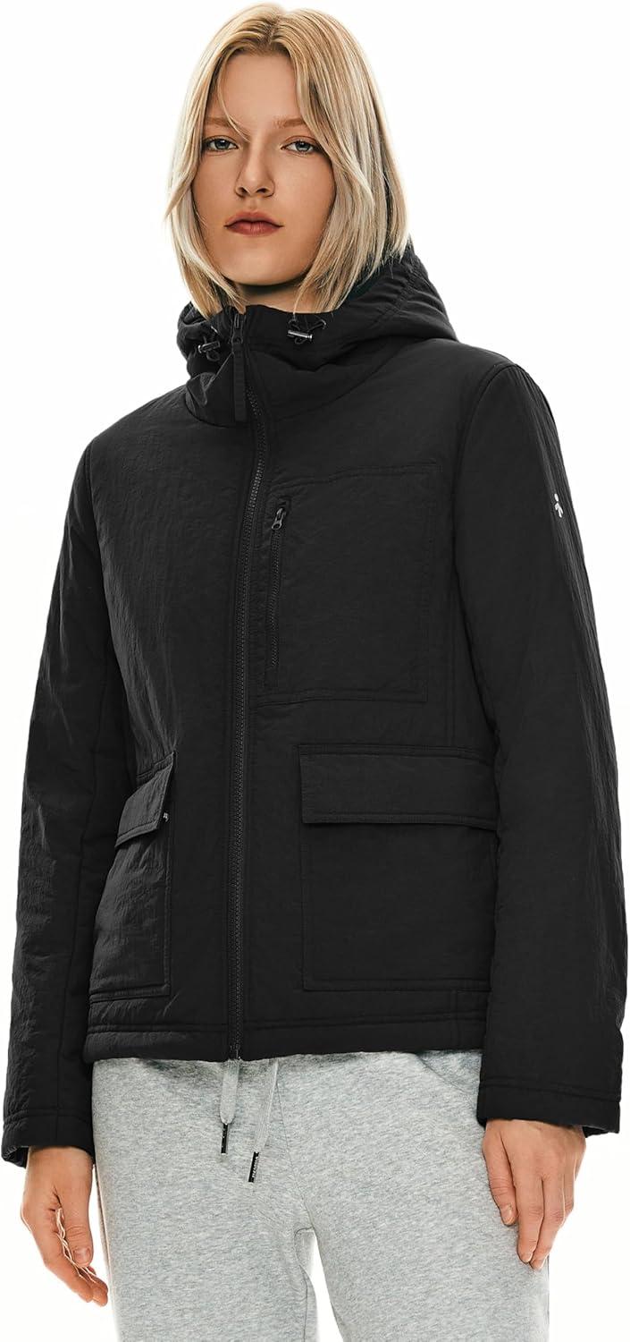 imageOrolay Womens Insulated Hooded Jacket Long Sleeve Zip Up Winter Puffer Coat Warm Lightweight Outerwear with PocketsBlack