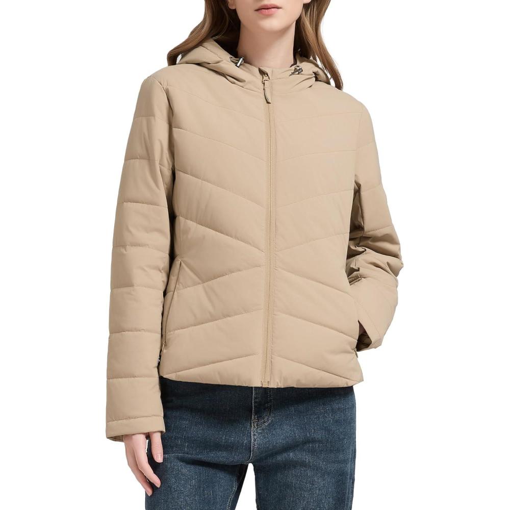 imageOrolay Womens Lightweight Puffer Jacket Hooded Quilted Coat Casual Zip Up Outerwear with PocketsKhaki