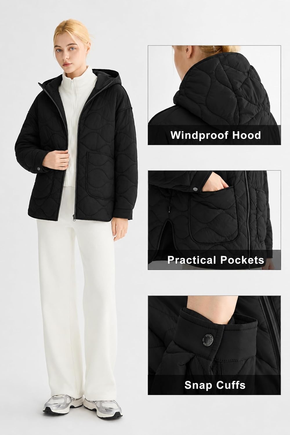image:imageOrolay Womens Quilted Puffer Jacket Lightweight Hooded Oversized FitBlack