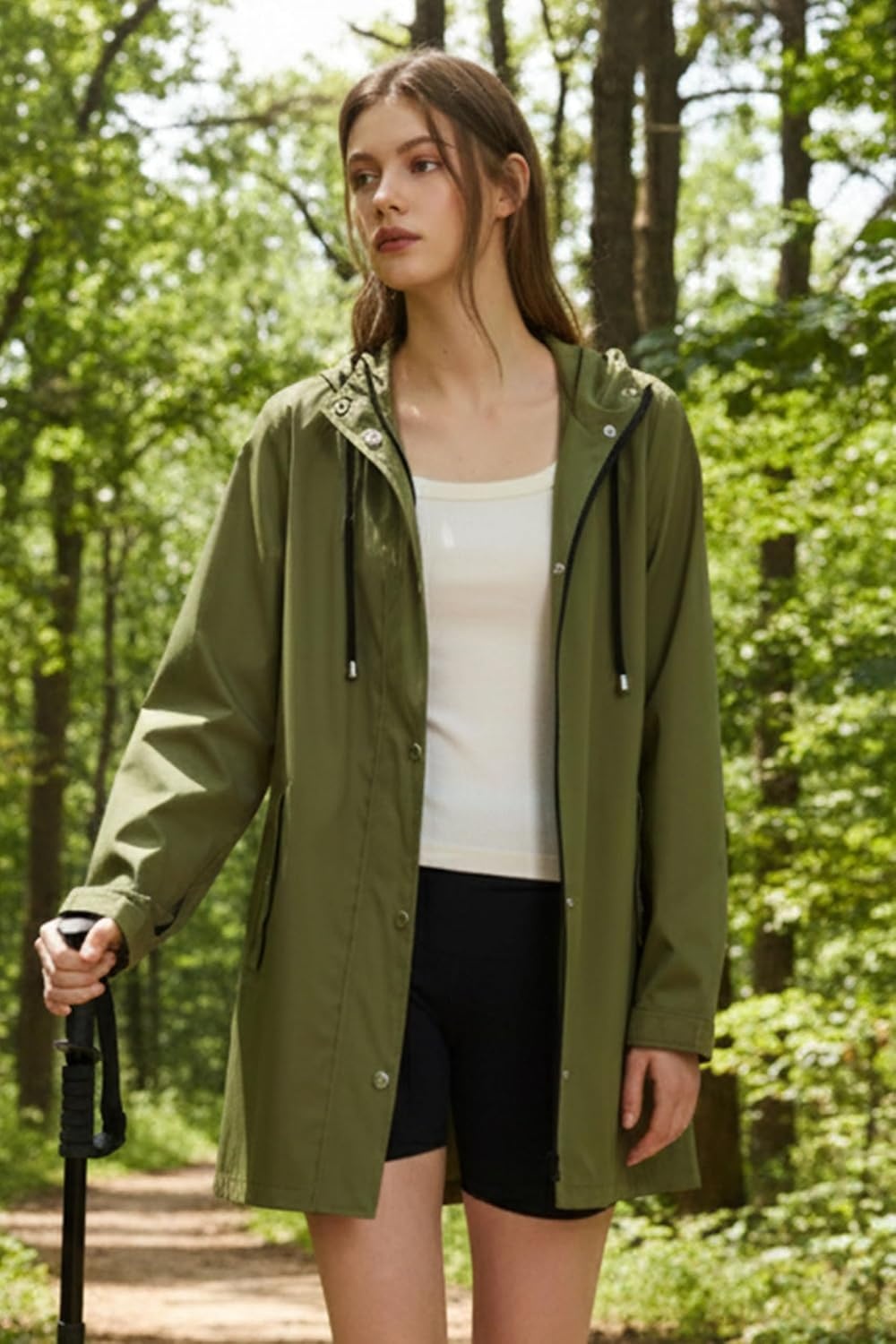 image:imageOrolay Trench Coat for Women Hooded Waterproof Rain Jacket Lightweight Packable Raincoat for Hiking Travel OutdoorArmygreen