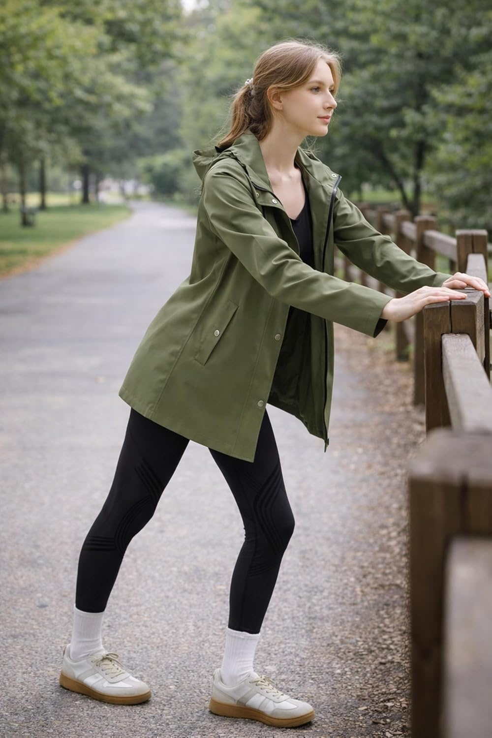 image:imageOrolay Trench Coat for Women Hooded Waterproof Rain Jacket Lightweight Packable Raincoat for Hiking Travel OutdoorArmygreen
