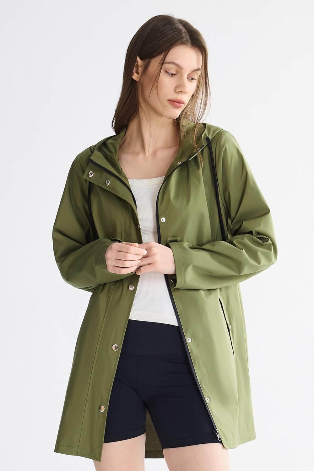 image:imageOrolay Trench Coat for Women Hooded Waterproof Rain Jacket Lightweight Packable Raincoat for Hiking Travel OutdoorArmygreen