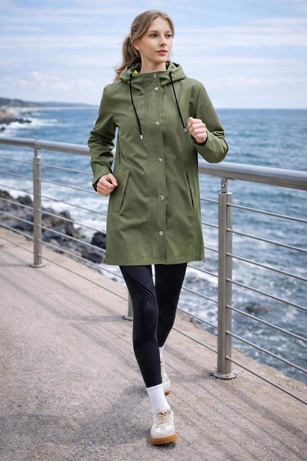 image:imageOrolay Trench Coat for Women Hooded Waterproof Rain Jacket Lightweight Packable Raincoat for Hiking Travel OutdoorArmygreen