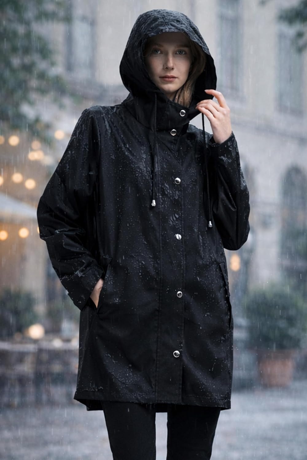 image:imageOrolay Trench Coat for Women Hooded Waterproof Rain Jacket Lightweight Packable Raincoat for Hiking Travel OutdoorBlack