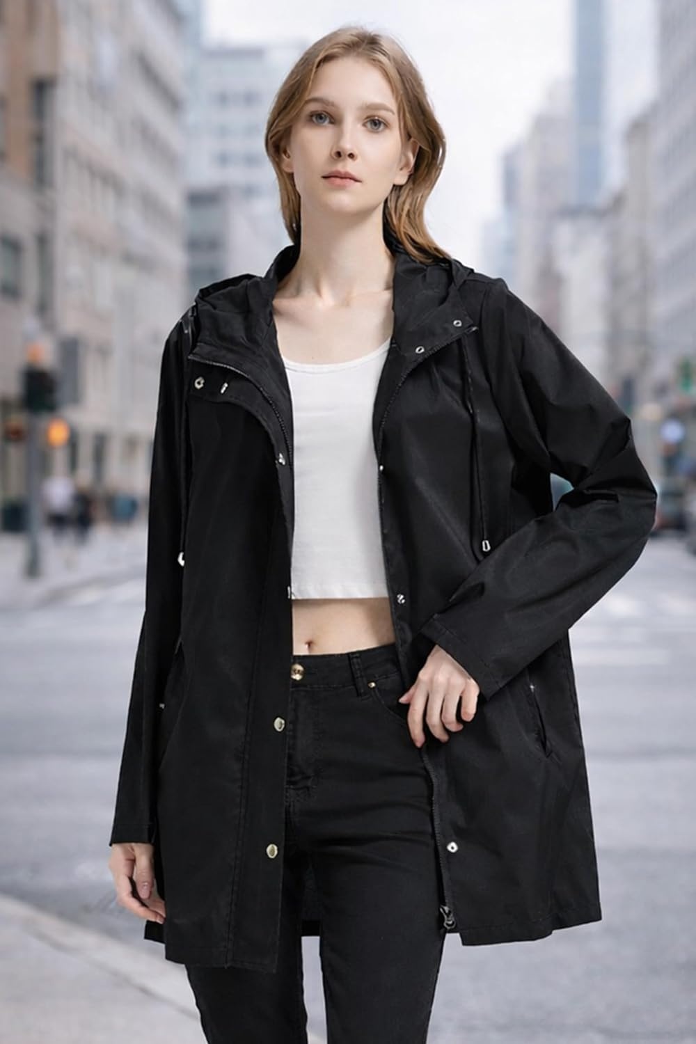 image:imageOrolay Trench Coat for Women Hooded Waterproof Rain Jacket Lightweight Packable Raincoat for Hiking Travel OutdoorBlack