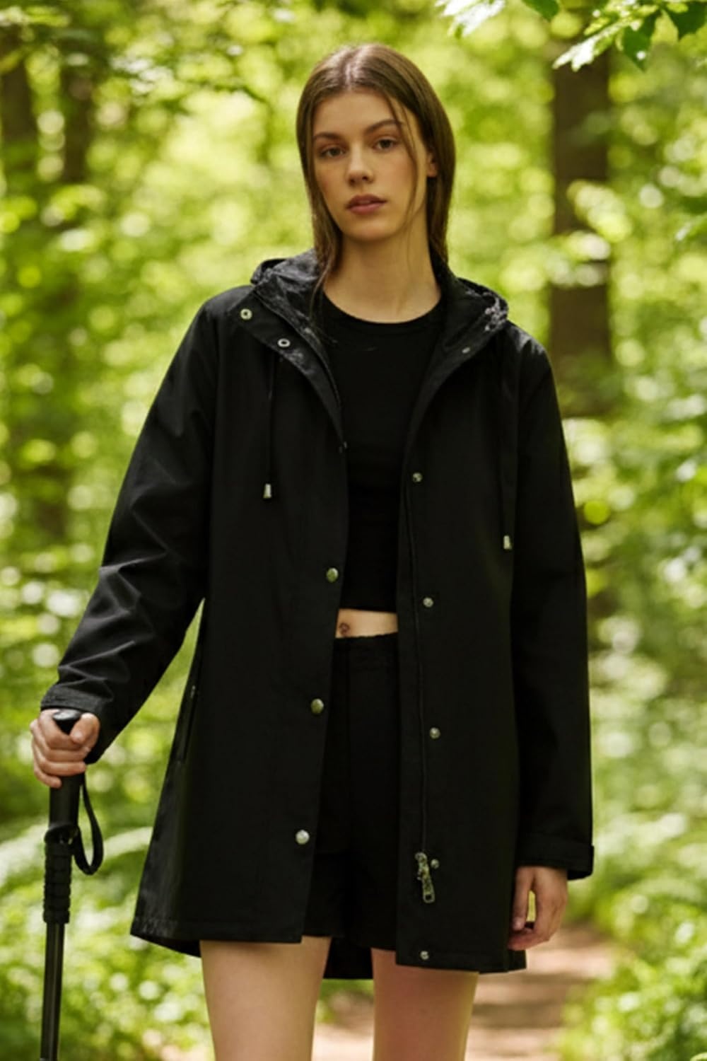 image:imageOrolay Trench Coat for Women Hooded Waterproof Rain Jacket Lightweight Packable Raincoat for Hiking Travel OutdoorBlack