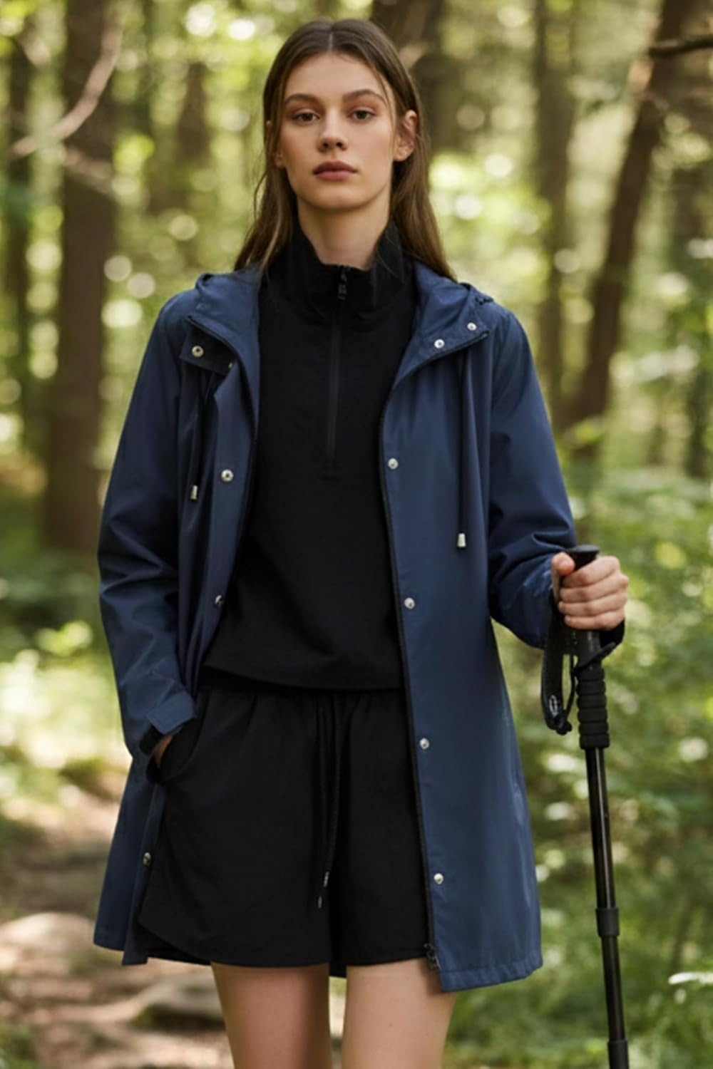 image:imageOrolay Trench Coat for Women Hooded Waterproof Rain Jacket Lightweight Packable Raincoat for Hiking Travel OutdoorNavy