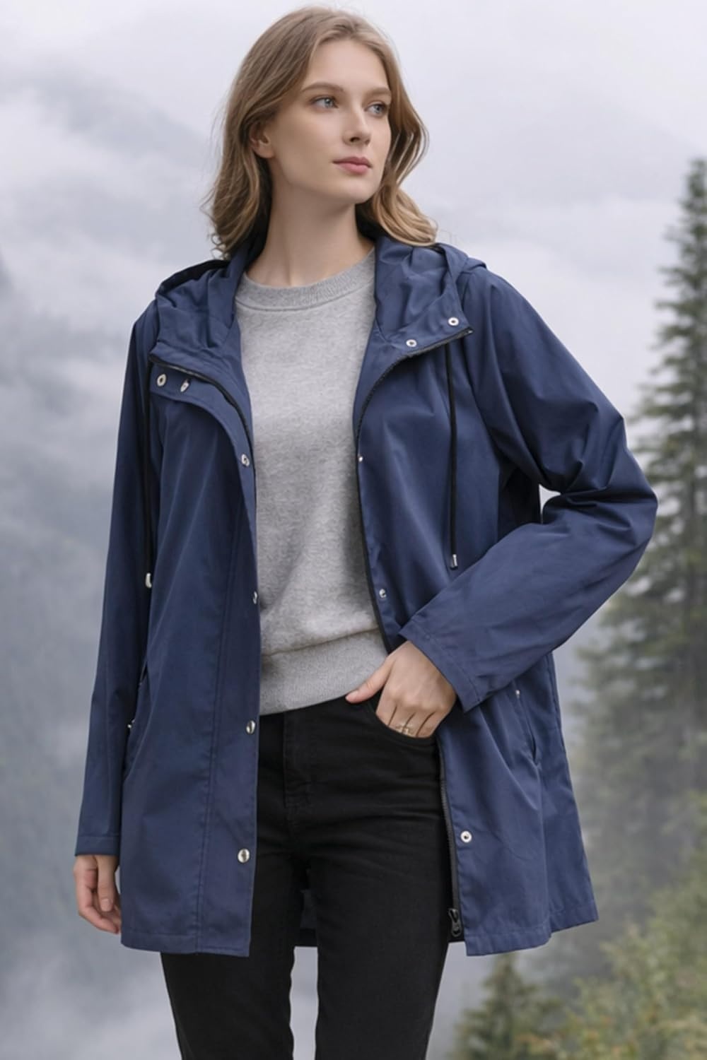 image:imageOrolay Trench Coat for Women Hooded Waterproof Rain Jacket Lightweight Packable Raincoat for Hiking Travel OutdoorNavy