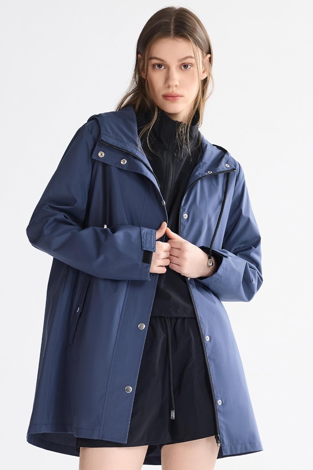 image:imageOrolay Trench Coat for Women Hooded Waterproof Rain Jacket Lightweight Packable Raincoat for Hiking Travel OutdoorNavy