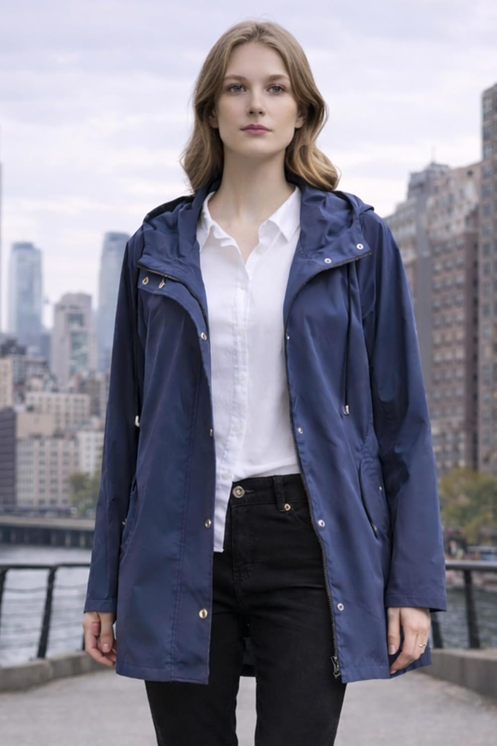image:imageOrolay Trench Coat for Women Hooded Waterproof Rain Jacket Lightweight Packable Raincoat for Hiking Travel OutdoorNavy