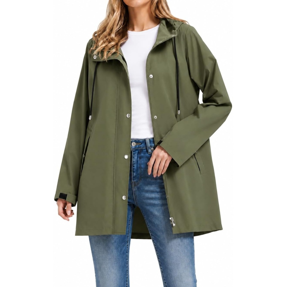 image:imageOrolay Trench Coat for Women Hooded Waterproof Rain Jacket Lightweight Packable Raincoat for Hiking Travel OutdoorArmygreen
