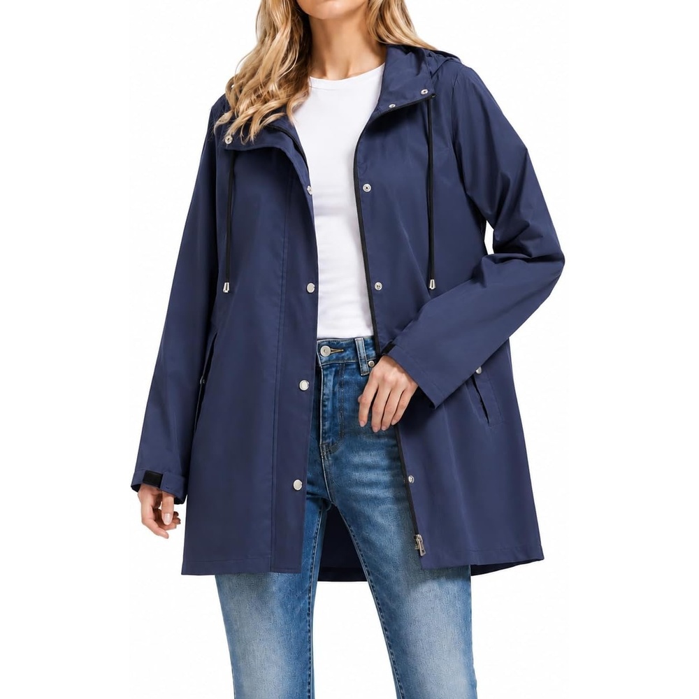 image:imageOrolay Trench Coat for Women Hooded Waterproof Rain Jacket Lightweight Packable Raincoat for Hiking Travel OutdoorNavy