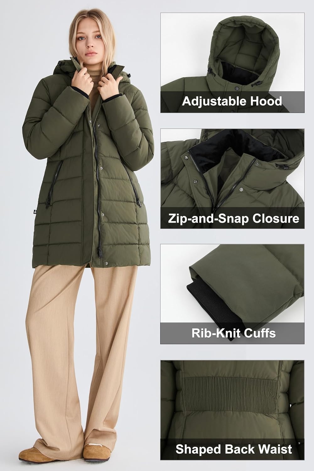 image:imageOrolay Womens MidLength Thickened Hooded Puffer Coat Winter JacketArmygreen