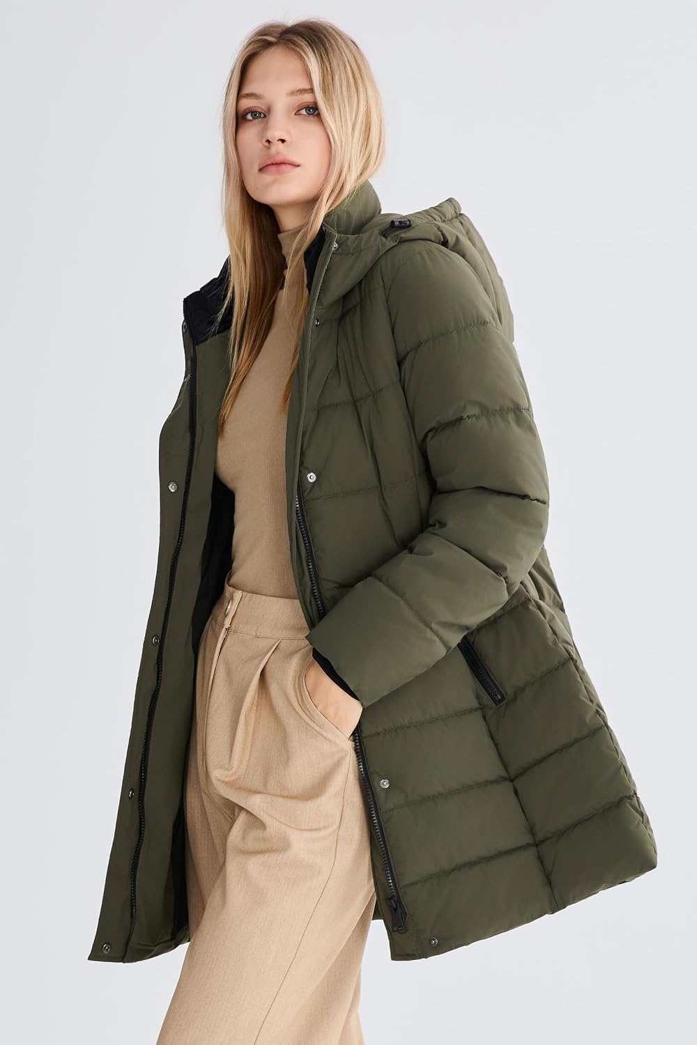 image:imageOrolay Womens MidLength Thickened Hooded Puffer Coat Winter JacketArmygreen