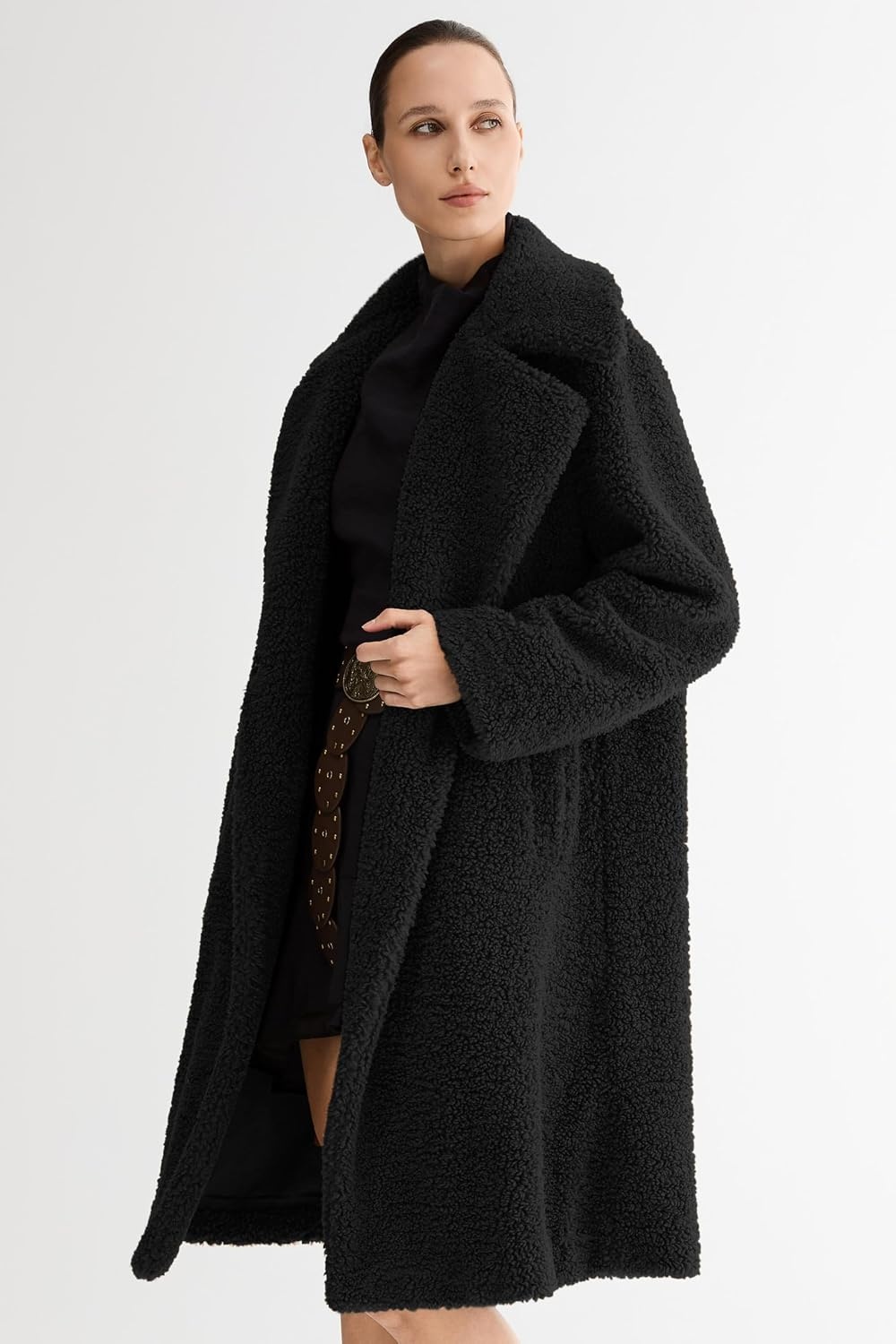 image:imageOrolay Womens Oversized Teddy Coat MidLength Faux Fur Sherpa JacketBlack Roomy