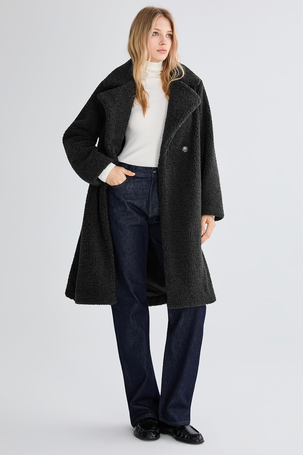 image:imageOrolay Womens Oversized Teddy Coat MidLength Faux Fur Sherpa JacketCharcoal Black