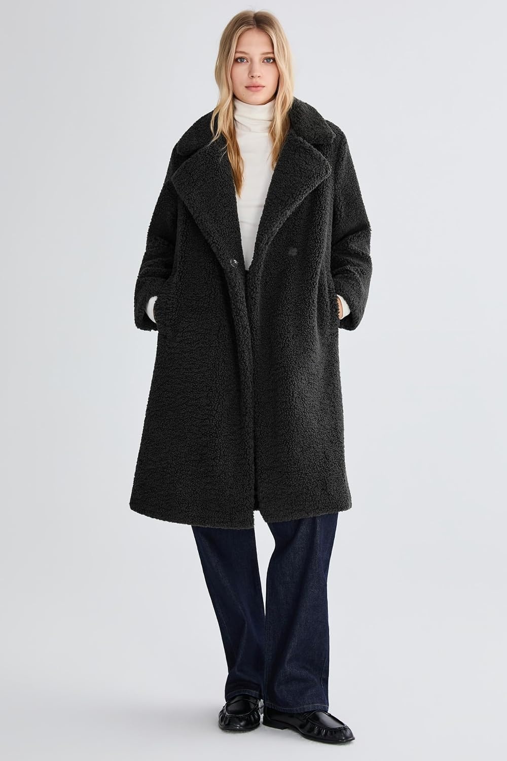 image:imageOrolay Womens Oversized Teddy Coat MidLength Faux Fur Sherpa JacketCharcoal Black