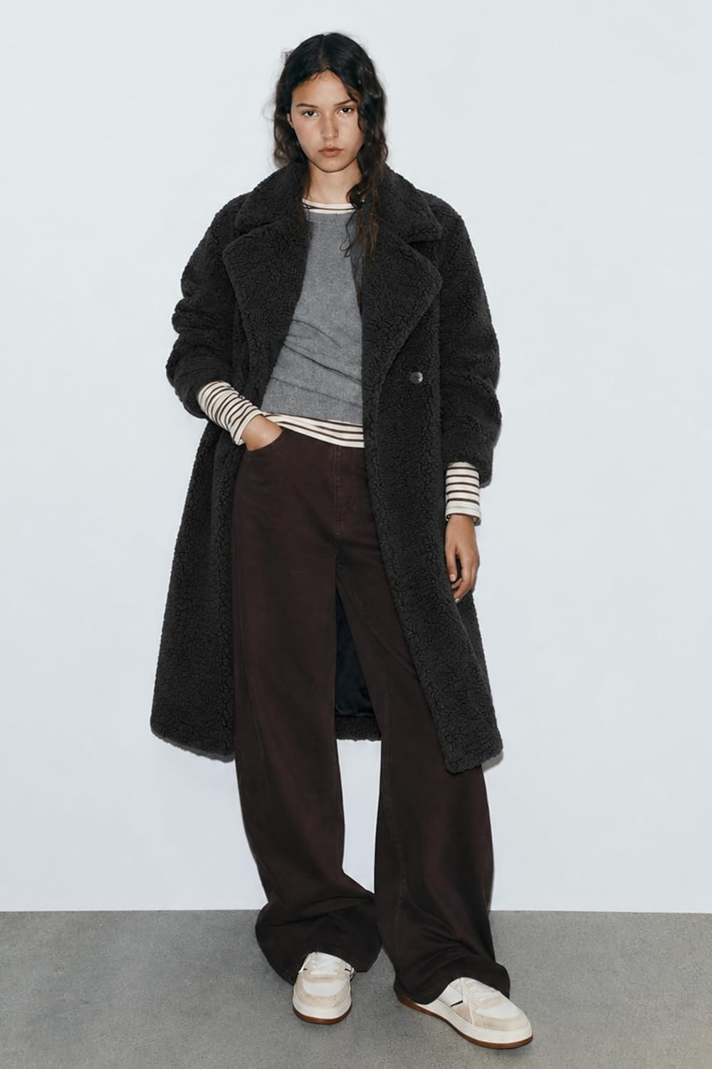 image:imageOrolay Womens Oversized Teddy Coat MidLength Faux Fur Sherpa JacketCharcoal Black