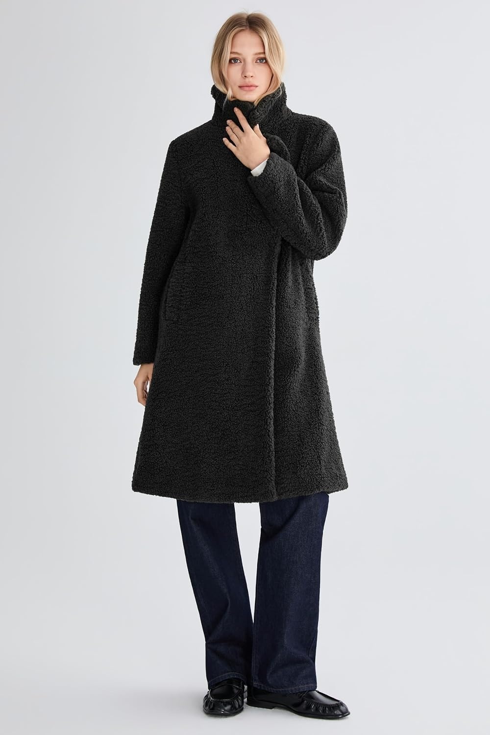 image:imageOrolay Womens Oversized Teddy Coat MidLength Faux Fur Sherpa JacketCharcoal Black