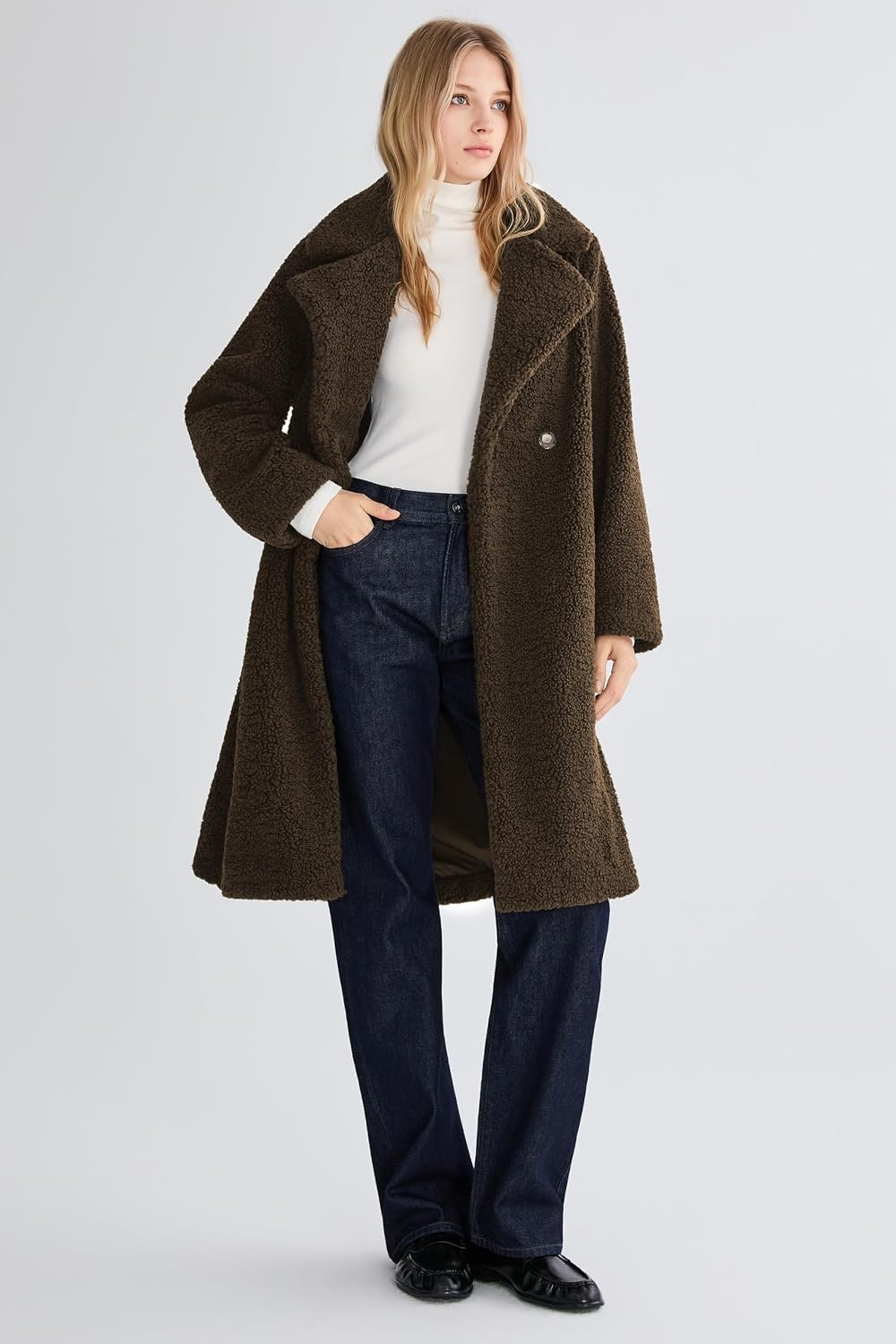 image:imageOrolay Womens Oversized Teddy Coat MidLength Faux Fur Sherpa JacketDark Cocoa