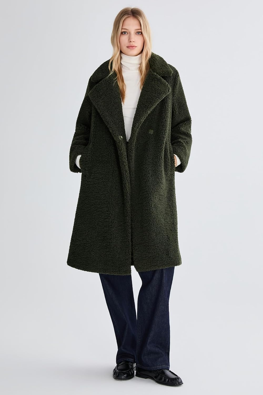 image:imageOrolay Womens Oversized Teddy Coat MidLength Faux Fur Sherpa JacketDeep Olive