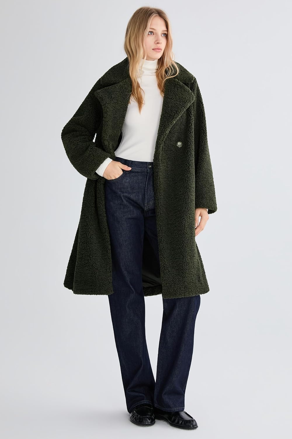 image:imageOrolay Womens Oversized Teddy Coat MidLength Faux Fur Sherpa JacketDeep Olive