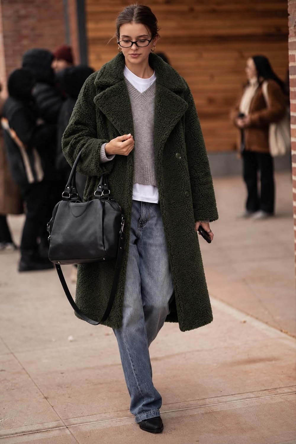 image:imageOrolay Womens Oversized Teddy Coat MidLength Faux Fur Sherpa JacketDeep Olive