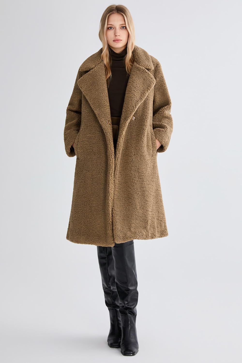 image:imageOrolay Womens Oversized Teddy Coat MidLength Faux Fur Sherpa JacketTaupe Khaki