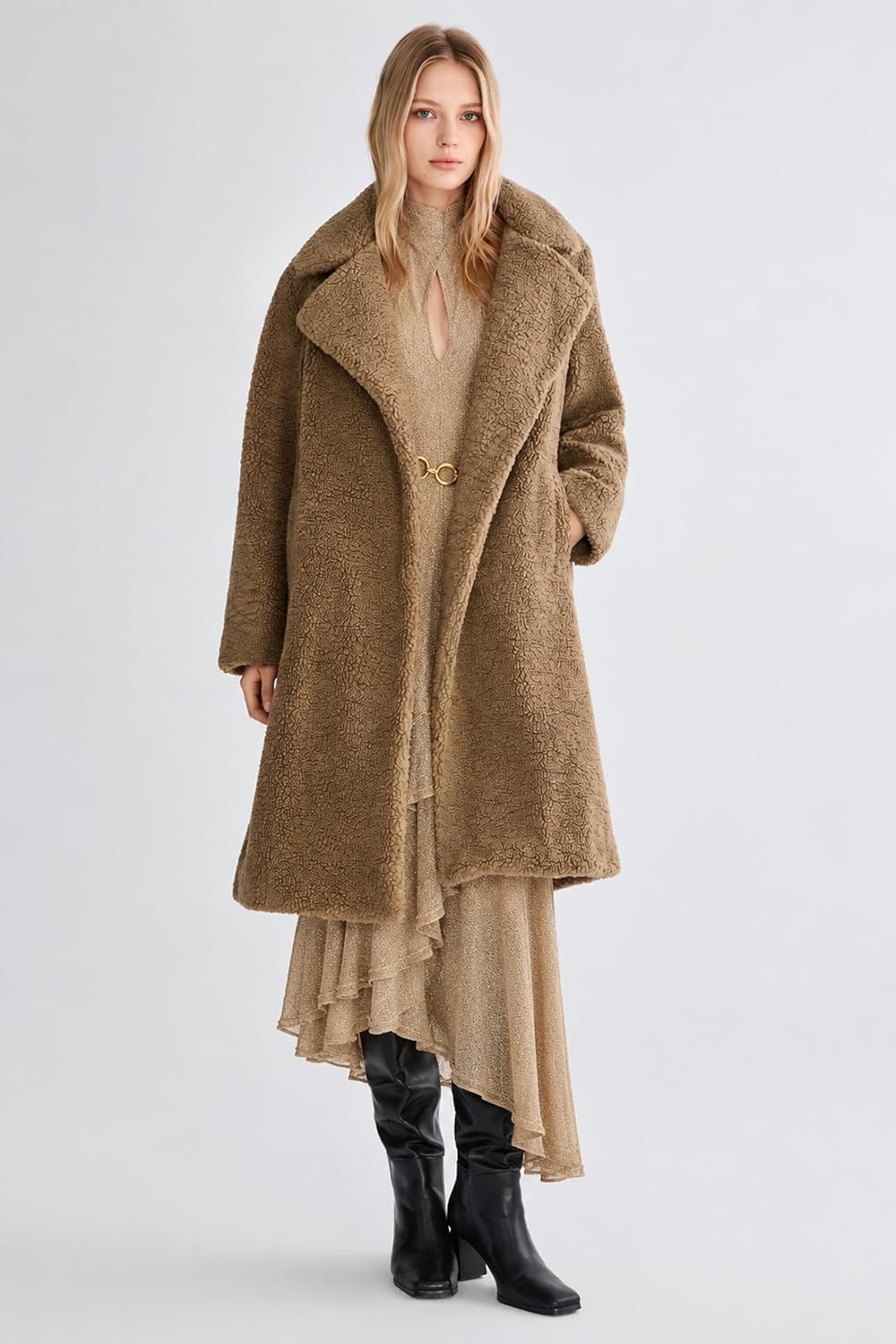 image:imageOrolay Womens Oversized Teddy Coat MidLength Faux Fur Sherpa JacketTaupe Khaki