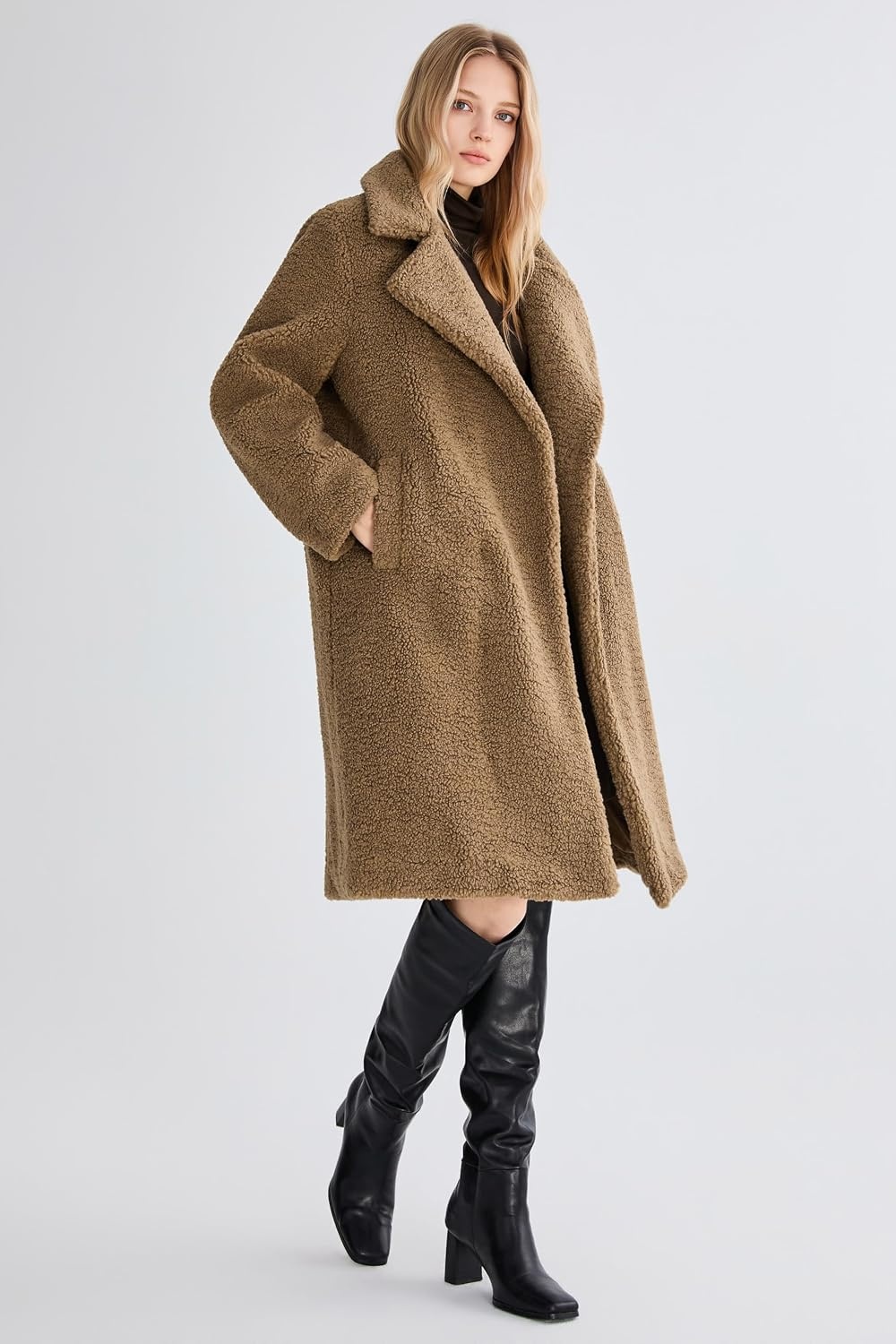 image:imageOrolay Womens Oversized Teddy Coat MidLength Faux Fur Sherpa JacketTaupe Khaki