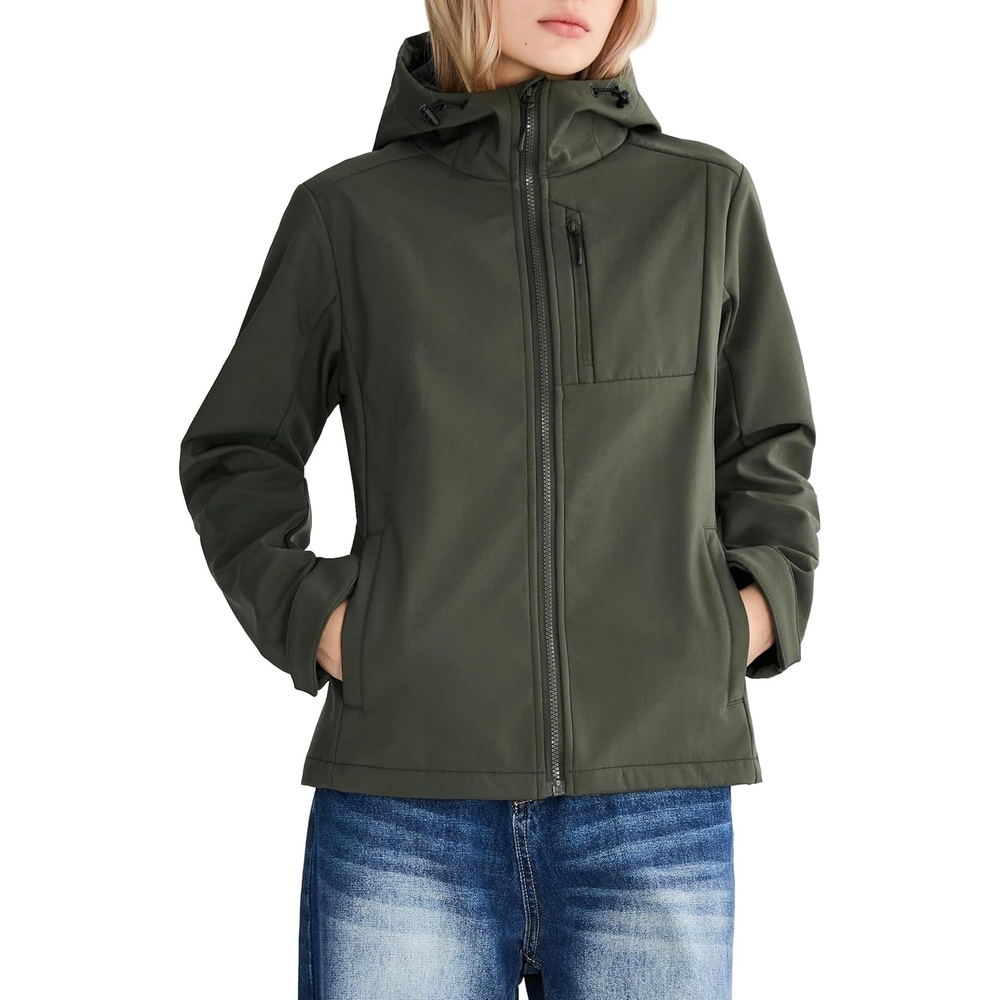 image:imageOrolay Womens FleeceLined Softshell Jacket Waterproof Hooded CoatArmygreen
