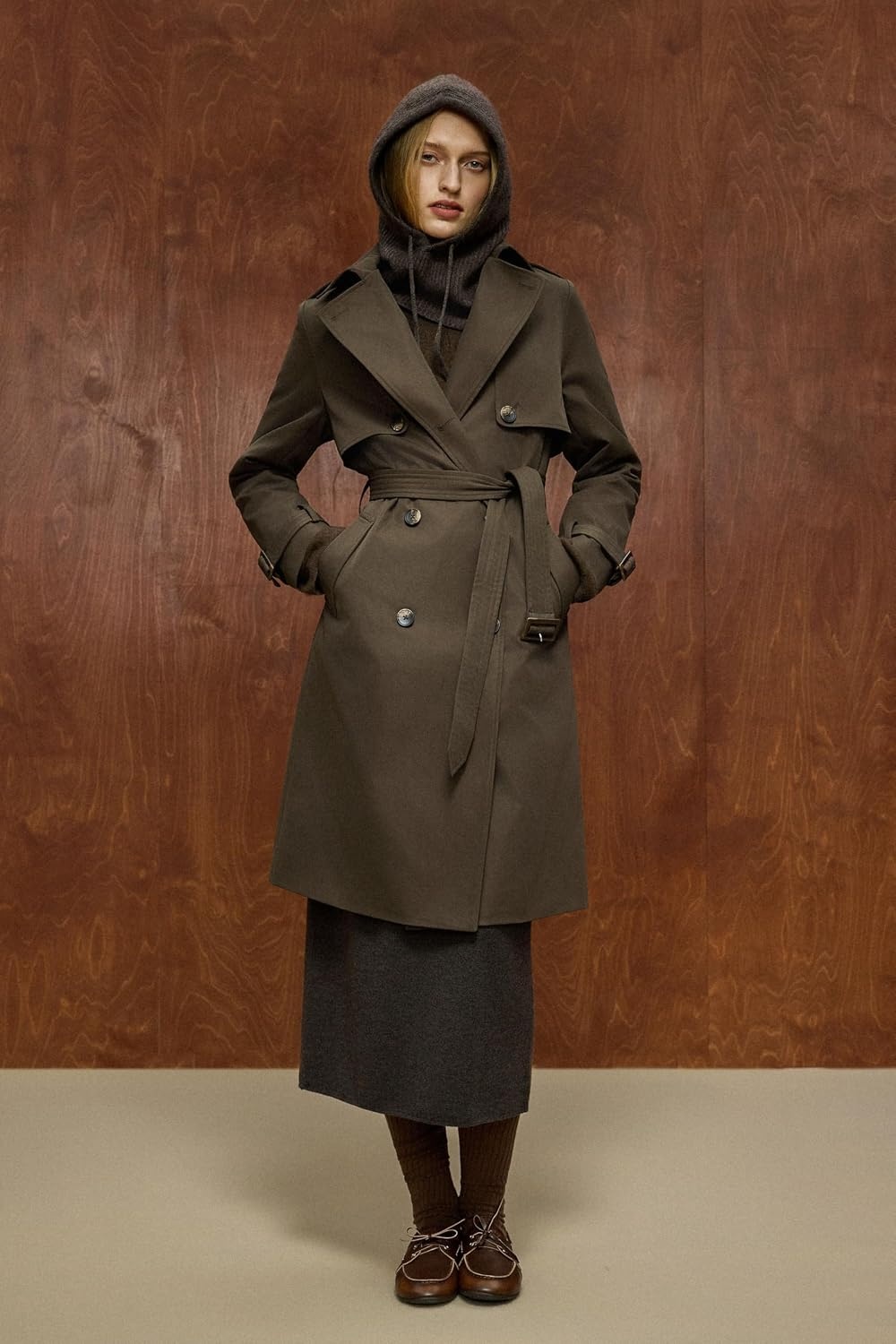 image:imageOrolay Womens 34 Length Double Breasted Trench Coat Lapel Jacket with BeltCoffee